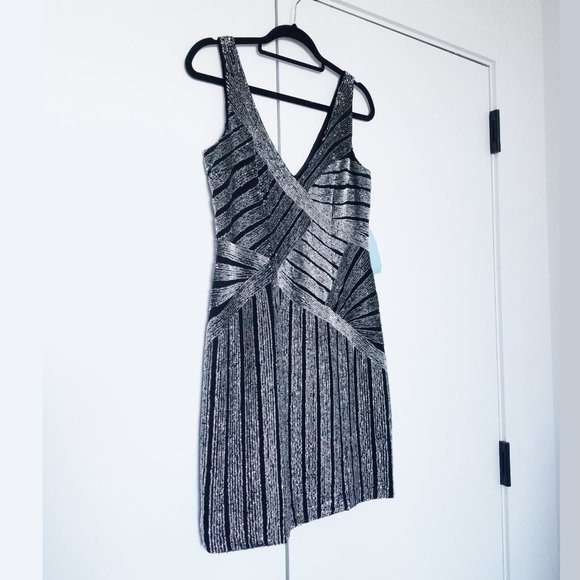 NWT Basix Black Label Sequin Beaded Black and Silver Mini Dress 6 100% Silk - Picture 2 of 5